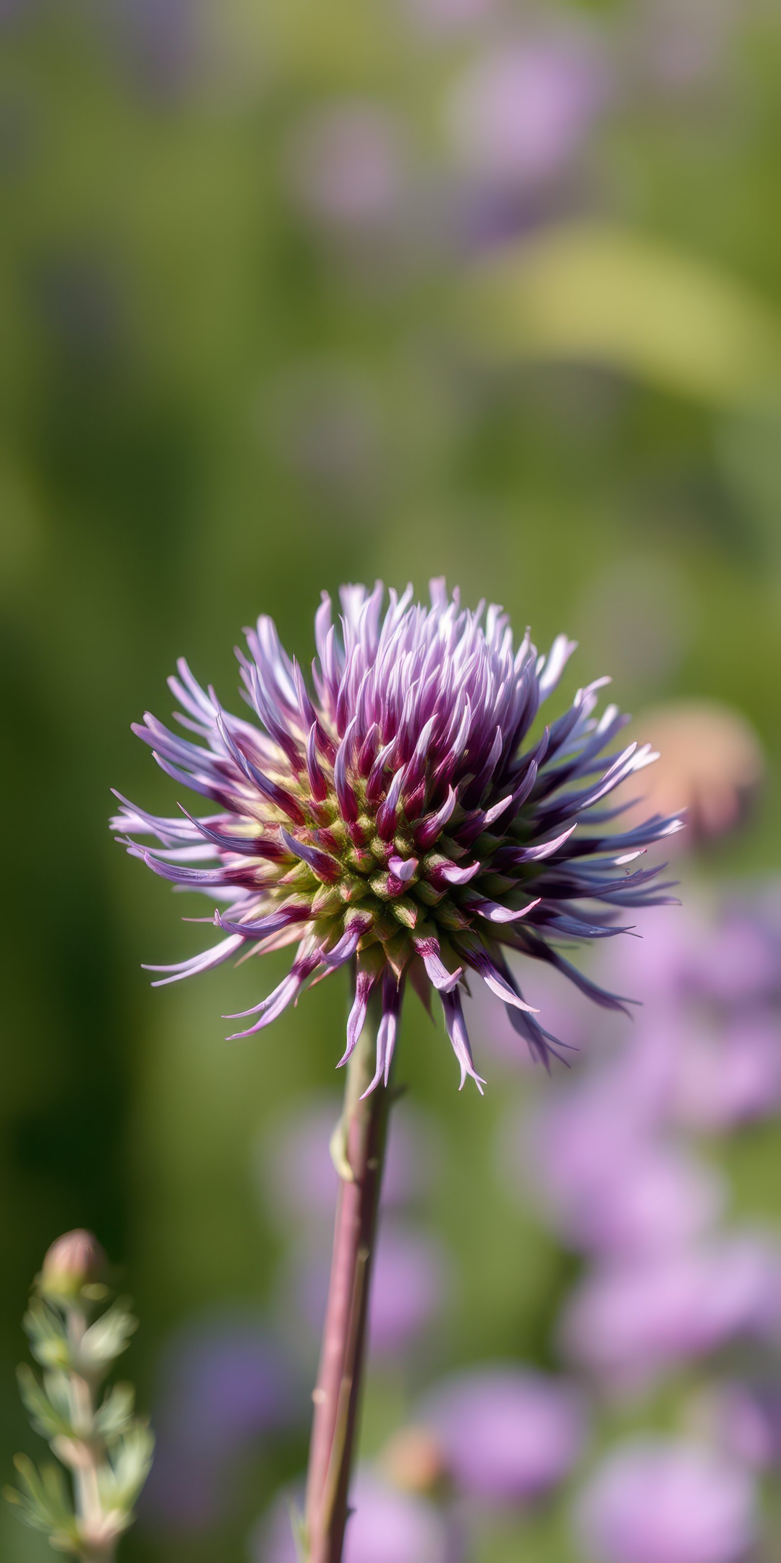 Beautiful purple flower in bloom with vibrant petals against a blurred green background during daytime